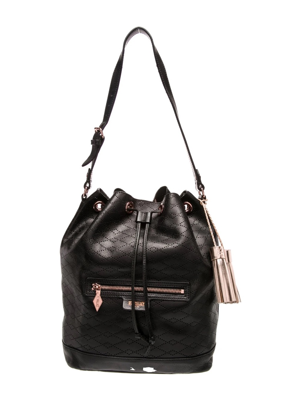 MZ Wallace Black Quilted Drawstring Bucket Bag Leather Rose Gold NWOT